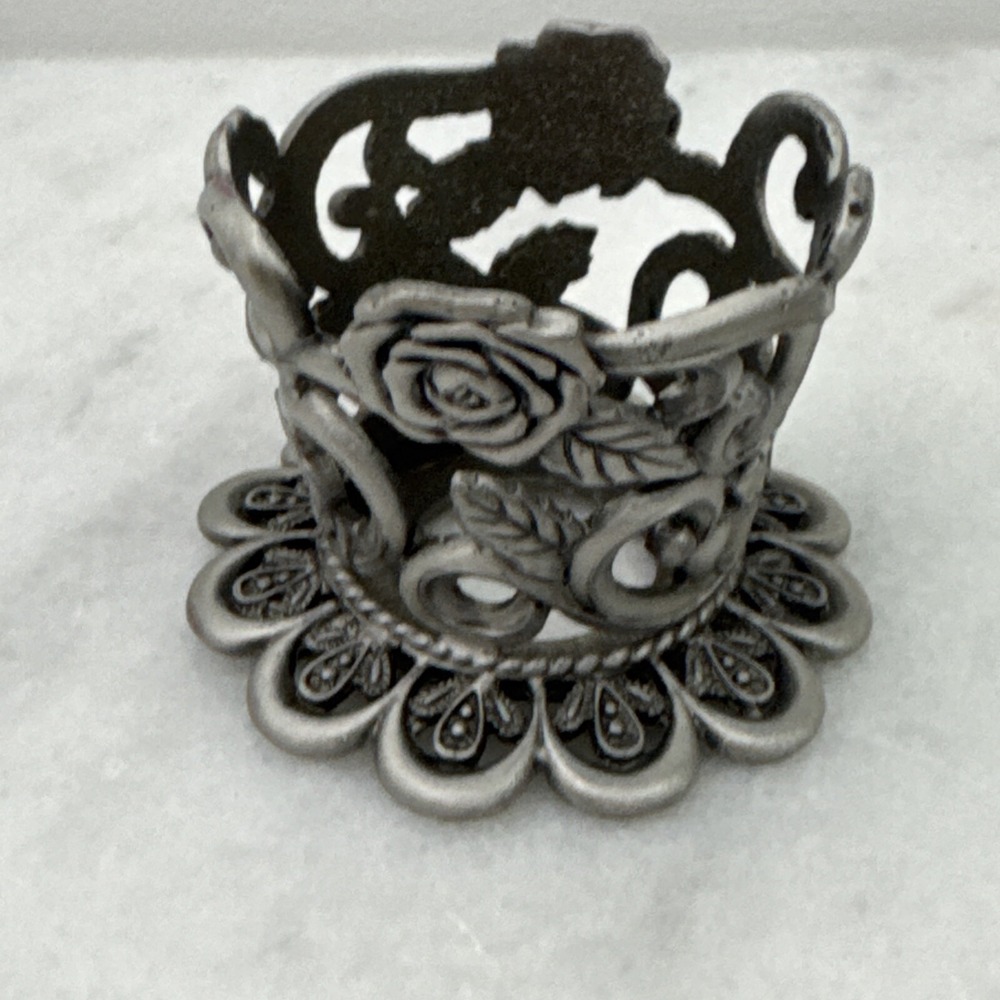 M.T. Pewter Candle Holder Vine and Roses Motif